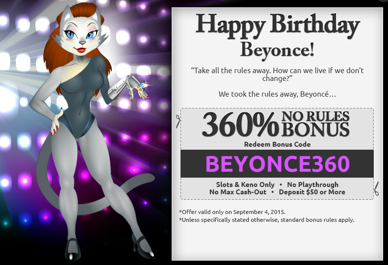 Happy Birthday Beyonce Cool Cat Casino Bonus - No Rules Bonus